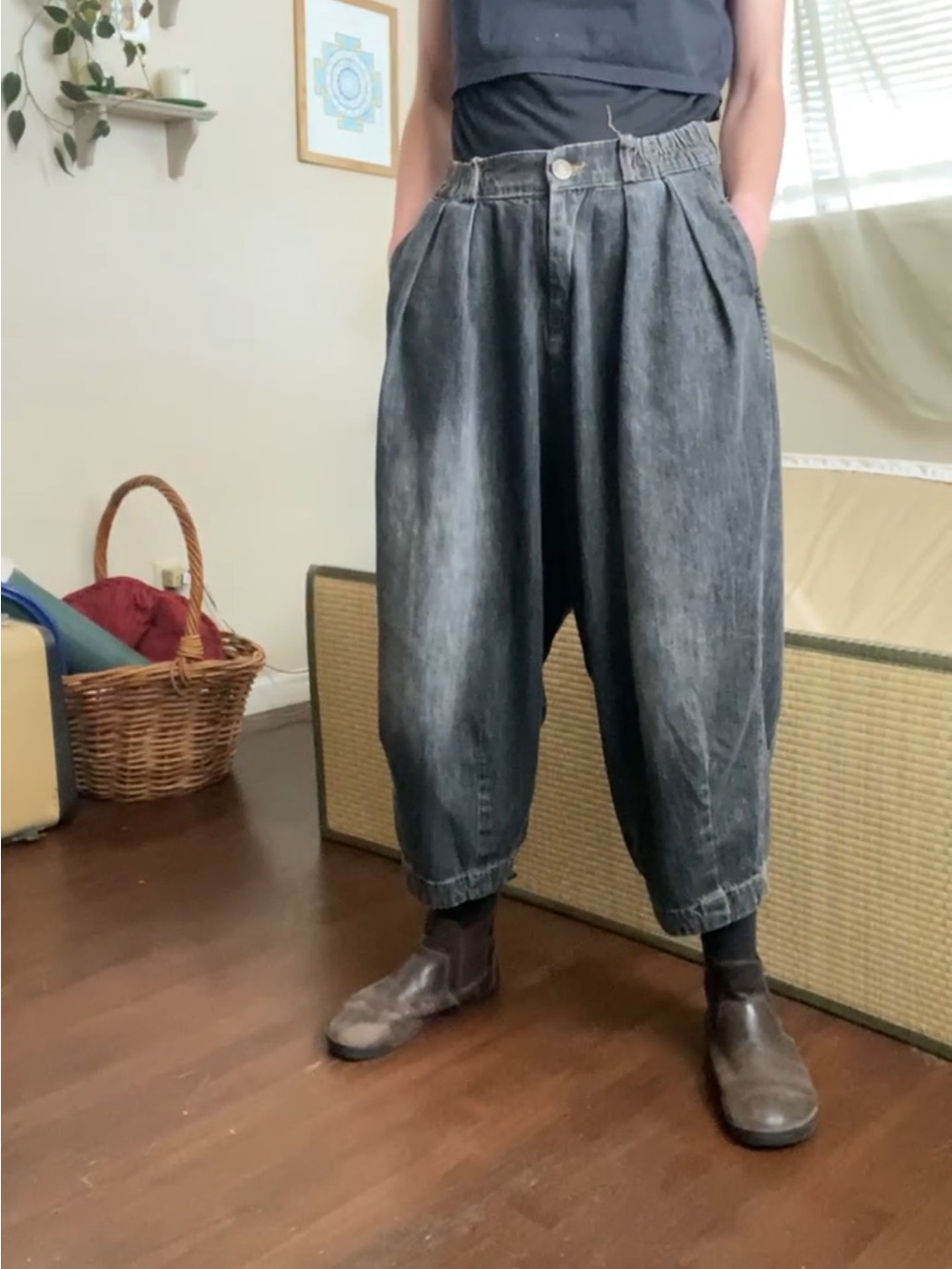 Drop-Crotch Grey-Black Denim Balloon Pants Dad Jeans